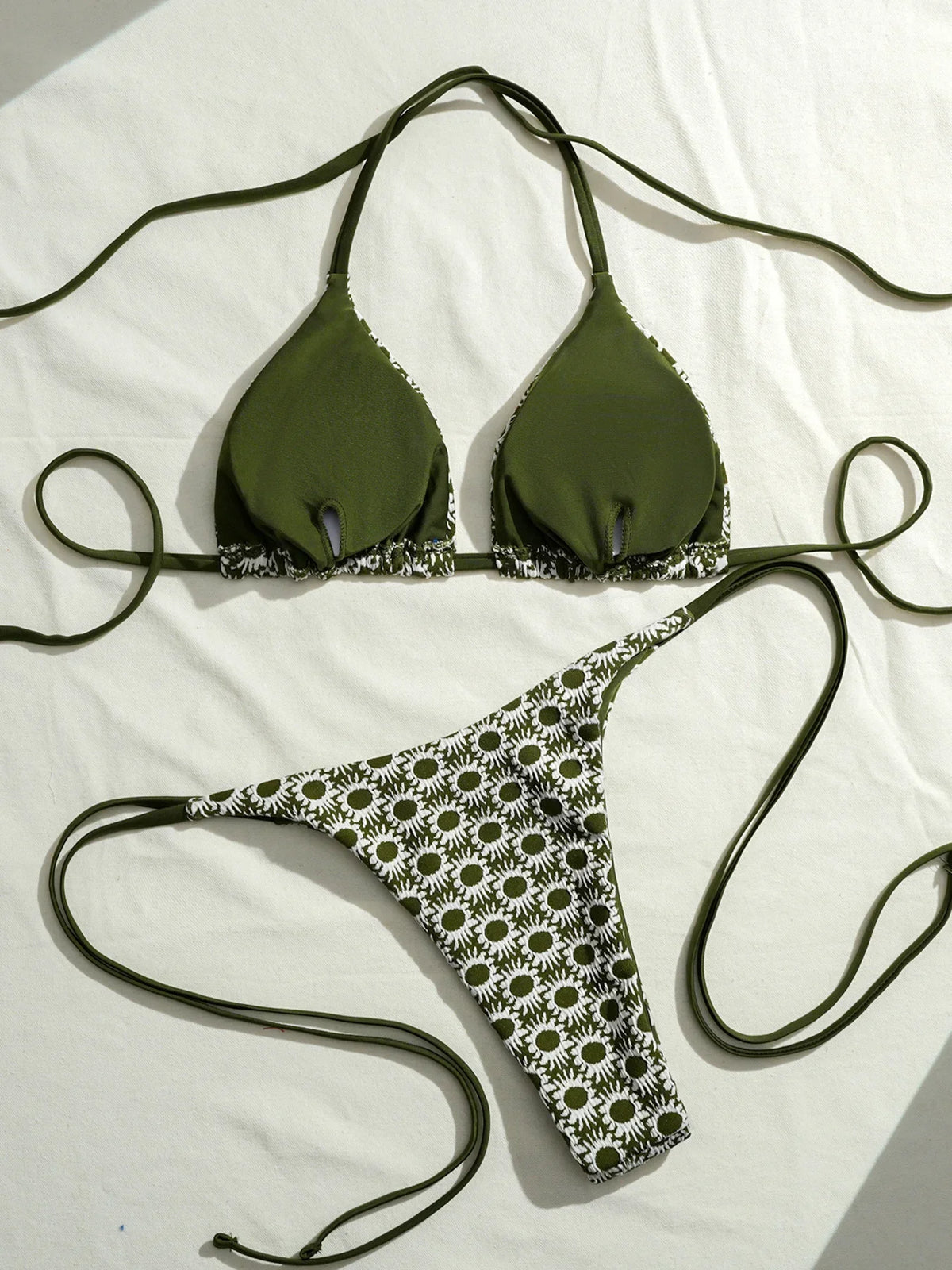 Sexy Green Sunflower Print Mini Bikini 2026 Women Halter Push Up Bra Tie Side Bandage Thong Swimsuit Beach Bathing Suit Swimwear