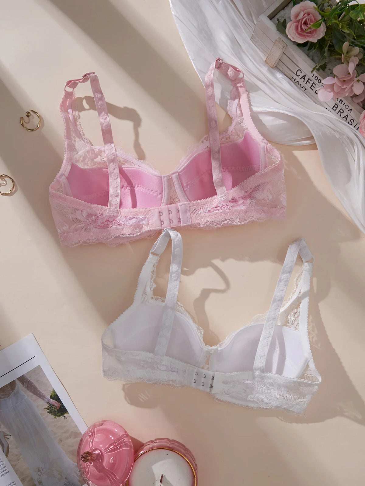 2Pcs Set Women's Sexy Bras Thin Lace Underwire Push-Up Soft Bra Adjustable Women's Underwear Set No Lining Breathable Comfortable