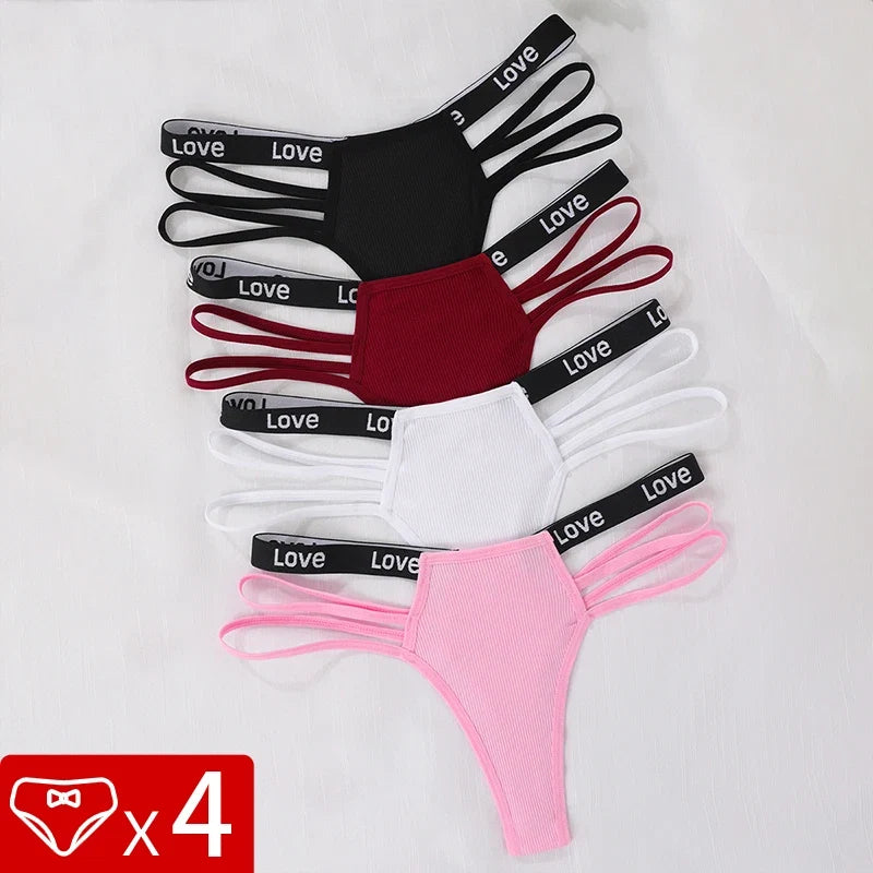4pcs/pack Low Waist Ribbed Lady thongs Underwear Breathable Comfortable Women's G-string Letter Decor Elegant New Style Lingerie