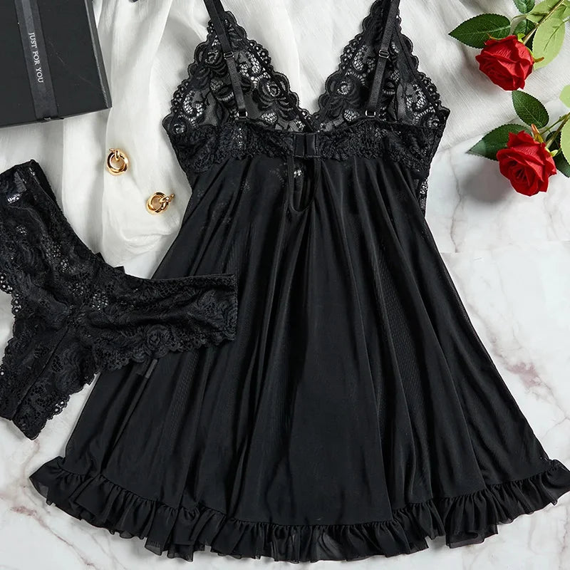 ALLTOOALL Women's Sleepwear Underwear Transparent Sexy Lace Red Lingerie Pijamas Sets Nightdress And Panty Female Nighty Clothes