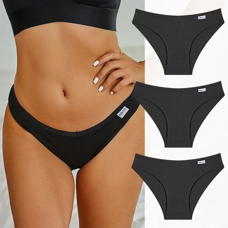 3PCS Cotton Women's Panties Sexy Comfortable Underwear Female Low Waist Stripe Briefs Solid Color Breathable Soft Lingerie M-XL