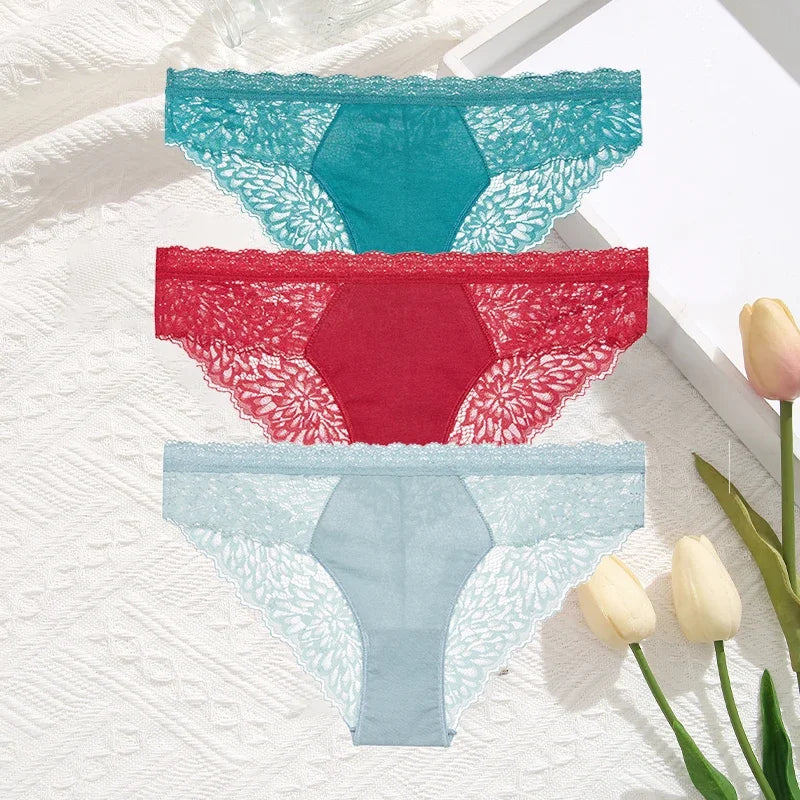 3Pcs/Set Seamless Lace Women Panties Transprant Hollow Out Low Waist Briefs Female Solid Soft Breathable Lingerie Underwear