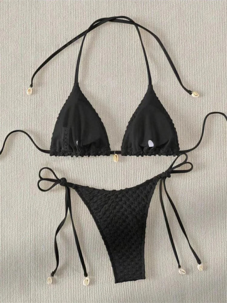 Sexy Bikini Set White Shell Designer Swimsuit 2025 New Halter Push Up Micro Bikinis Summer Bathing Suit Tie Side Thong Swimwear