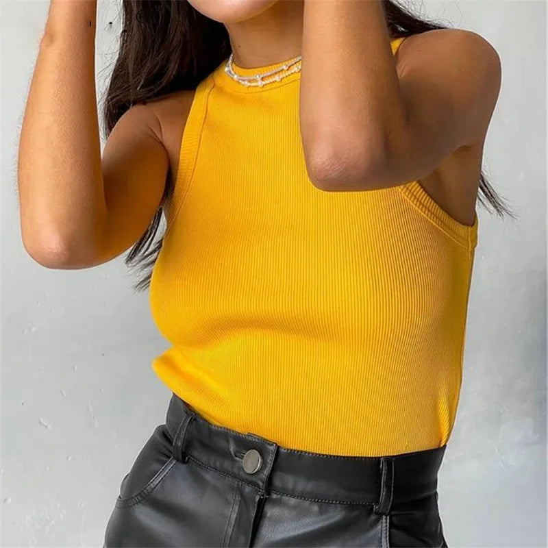 Ribbed Knitted Tops Neck Summer Basic Shirts White Black Casual Sport Vest Off Shoulder Green Women's Tank Top