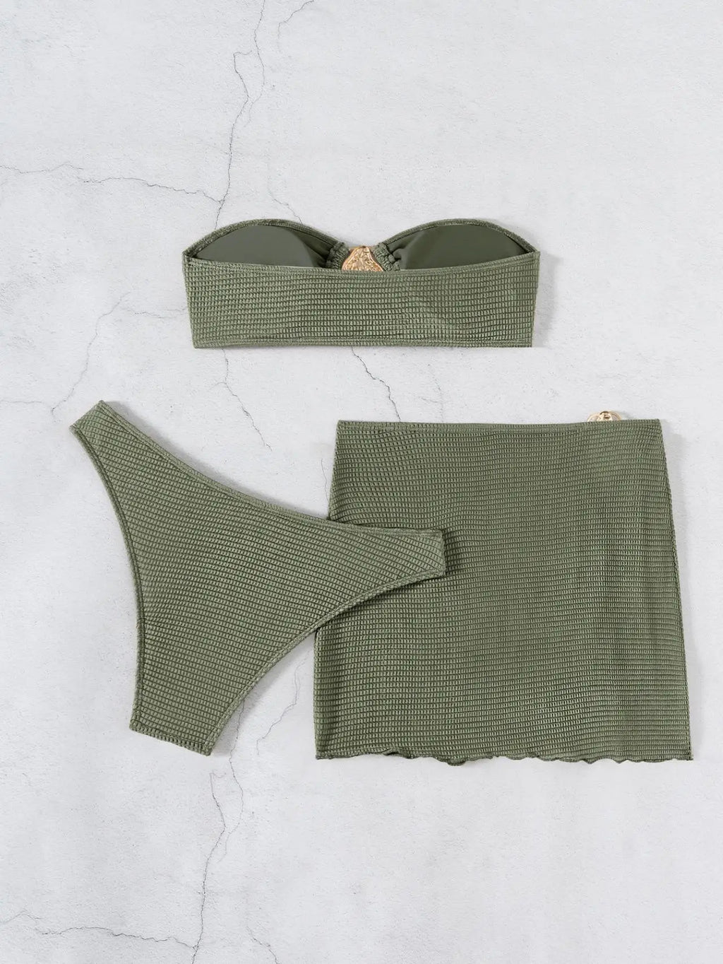 Sexy Bandeau Bikini Women Coffee Metal Water Droplet Ornament Push Up Mesh Skirt 3 Piece Swimsuit Beach Bathing Suit Swimwear