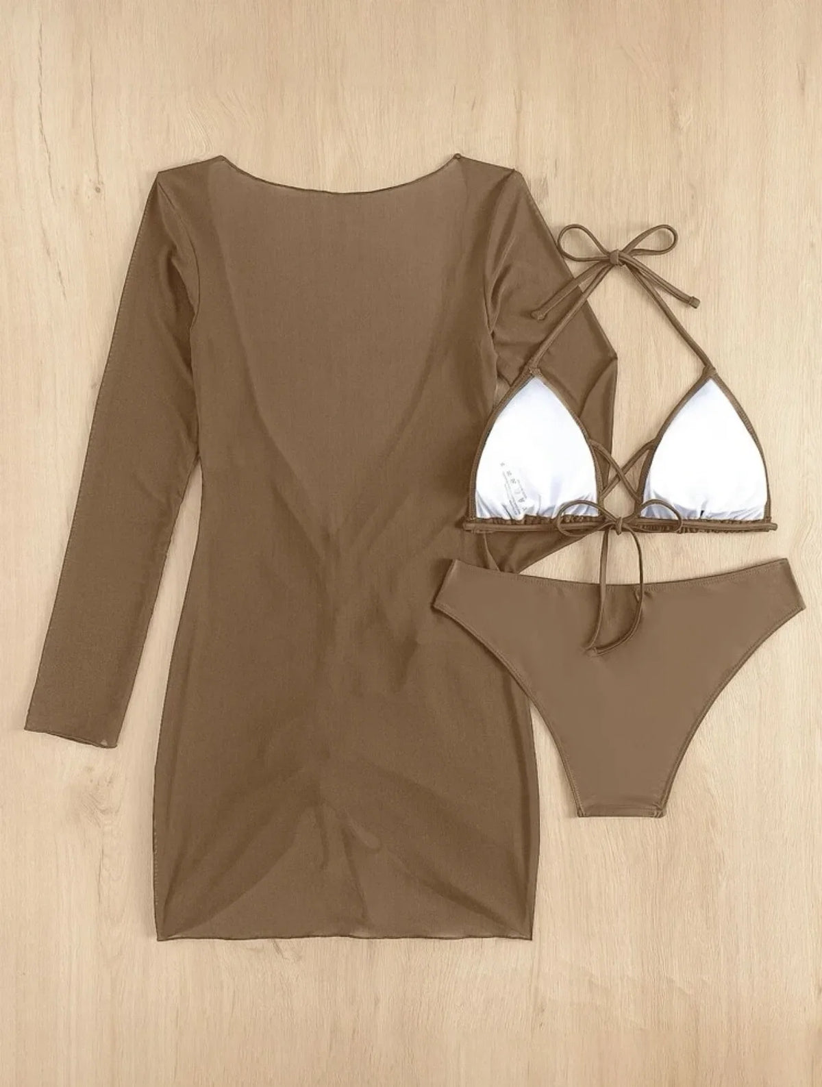 Long Sleeves Dress Bikini Set 2025 Women Neon Green Lace Up 3 Pieces Swimsuit Brazilian Bathing Suit Pleate Cover Up Swimwear