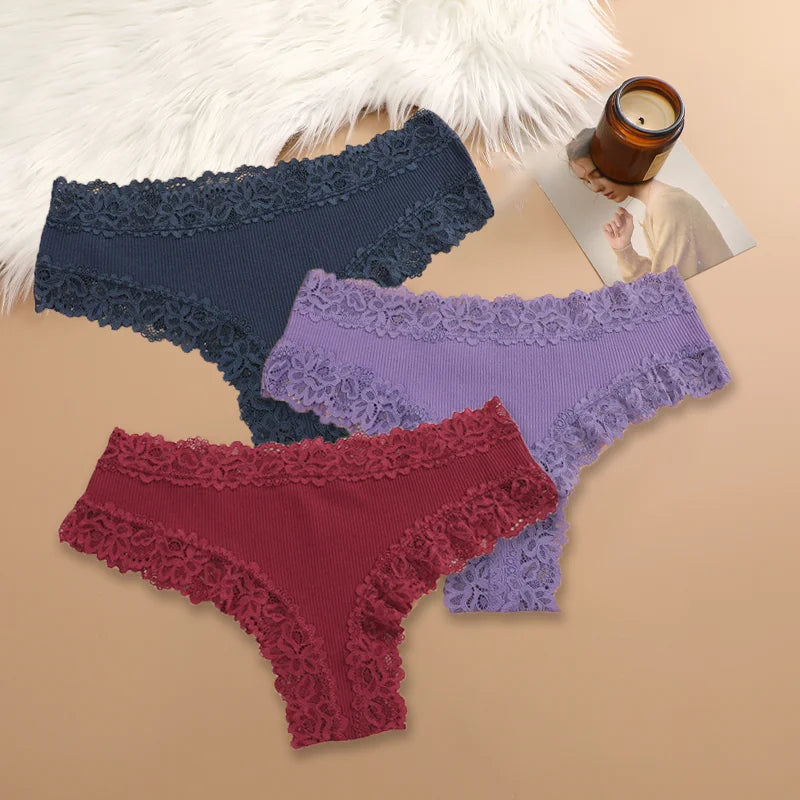 3Pcs Women Cotton Brazilian Pants Sexy Lace Brazilian Briefs Low Waist Floral Solid Color G-string Breathable Soft Lingerie