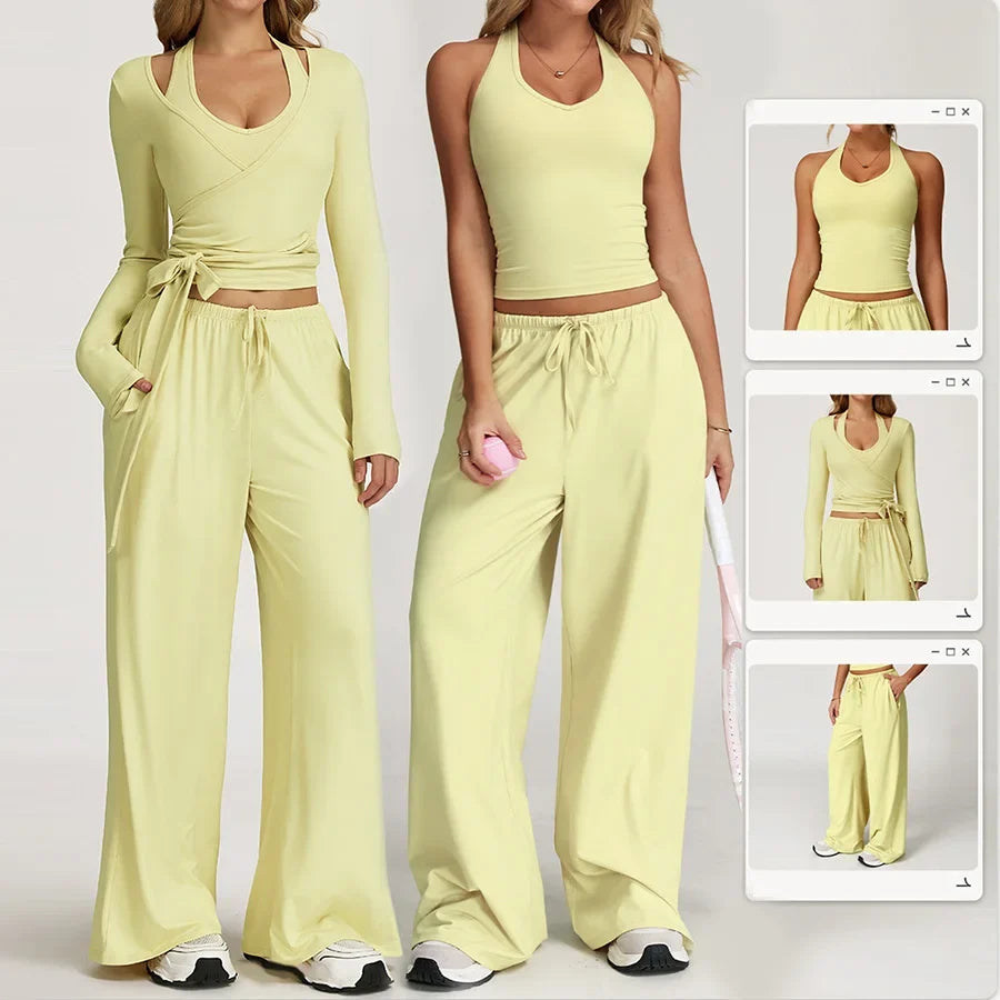 New Women Yoga Set 2/3 Pieces Long sleeves Workout Tracksuit Sportswear Gym Clothing Wide-leg sport pants Fitness Sports Suit