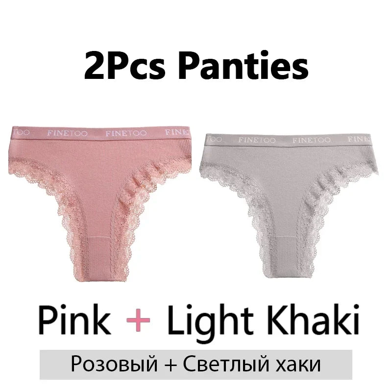 FINETOO 2Pcs/Set Women Cotton Brazilian Panties Plus Size M-2XL Lingerie Sexy Lace Underwear Low Rise Girls Intimates Underpants