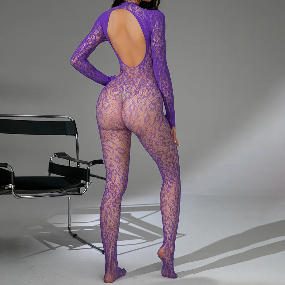 New Erotic Fishnet Bodystocking Purple Temptation Pajamas Women's Transparent Hollow Porn Sexy Lingerie Bodysuit Exotic Costumes