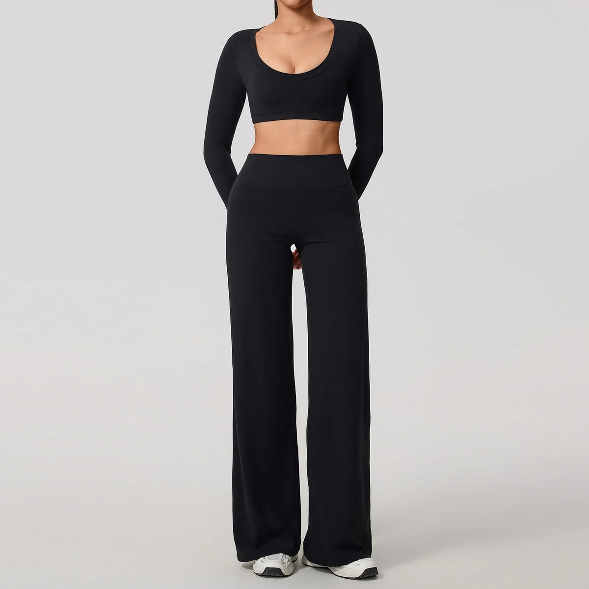 Hearuisavy Sports Set 2Pcs Women's  Long Sleeve Backless Fitted Fitness Top Push Up Pilates Yoga Top Wide Leg Straight Leg Pants