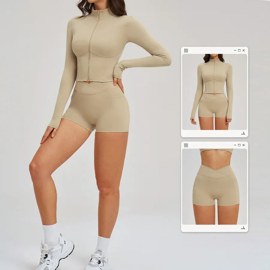 Yoga Suit Women Tracksuit Long-sleeved Jacket Shorts Suit Outfit Gym 2PCS Set Fitness Running Workout Clothes Push Up Sportswear