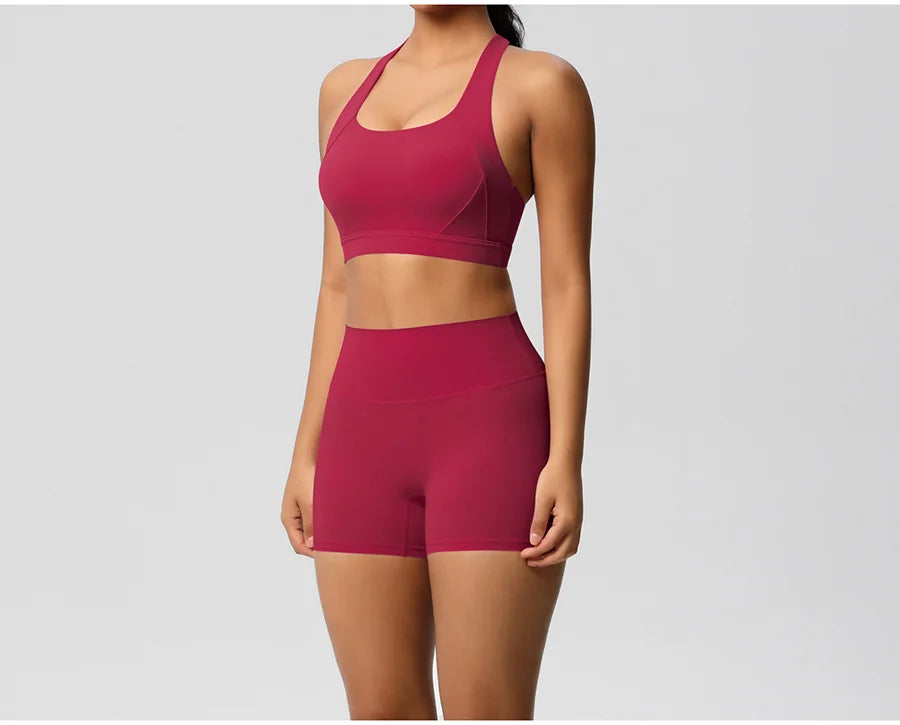 2PCS Yoga Set Women Gym Sports Suits Fitness Bra Crop Top Workout Clothes Female Athletic Wear Push Up Shorts Sportswear