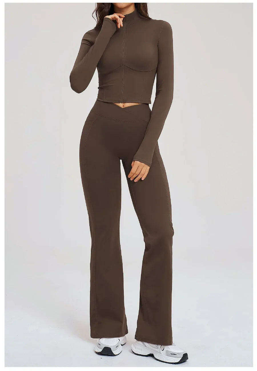 2PCS Yoga Set Gym Clothes Sportswear Seamless Women Fitness Long Sleeved Tracksuits Sports Workout Gym Flared Leggings Athletic