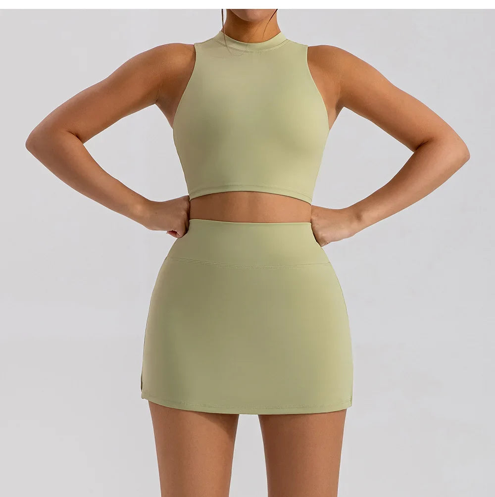 Sports Short Skirt Yoga Set 2PCS Women Tracksuit Gym Tennis Skirt Set Workout Sportswear Golf Dance Athletic Sport Suit