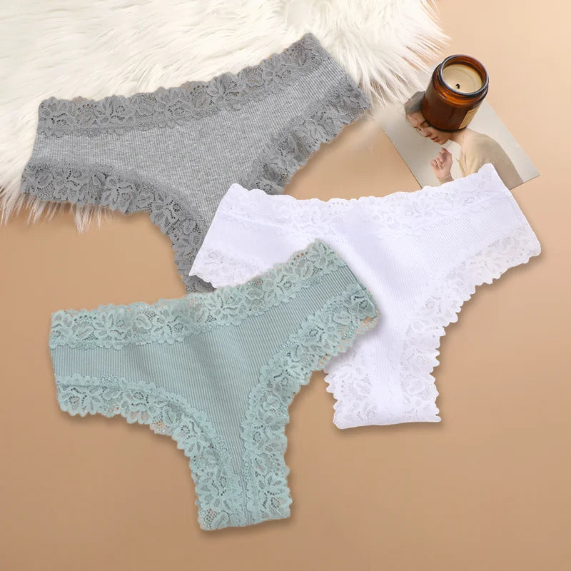 3Pcs Women Cotton Brazilian Pants Sexy Lace Brazilian Briefs Low Waist Floral Solid Color G-string Breathable Soft Lingerie