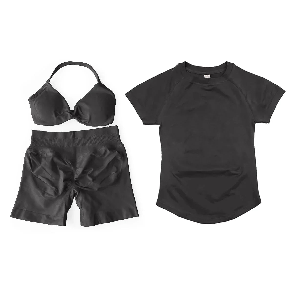 3 Pcs Gym Set Woman Short Sleeve Sport T-Shirt & Seamless Scrunch Gym Shorts & Strappy Bra Fitness Workout Suits Gym Clothing