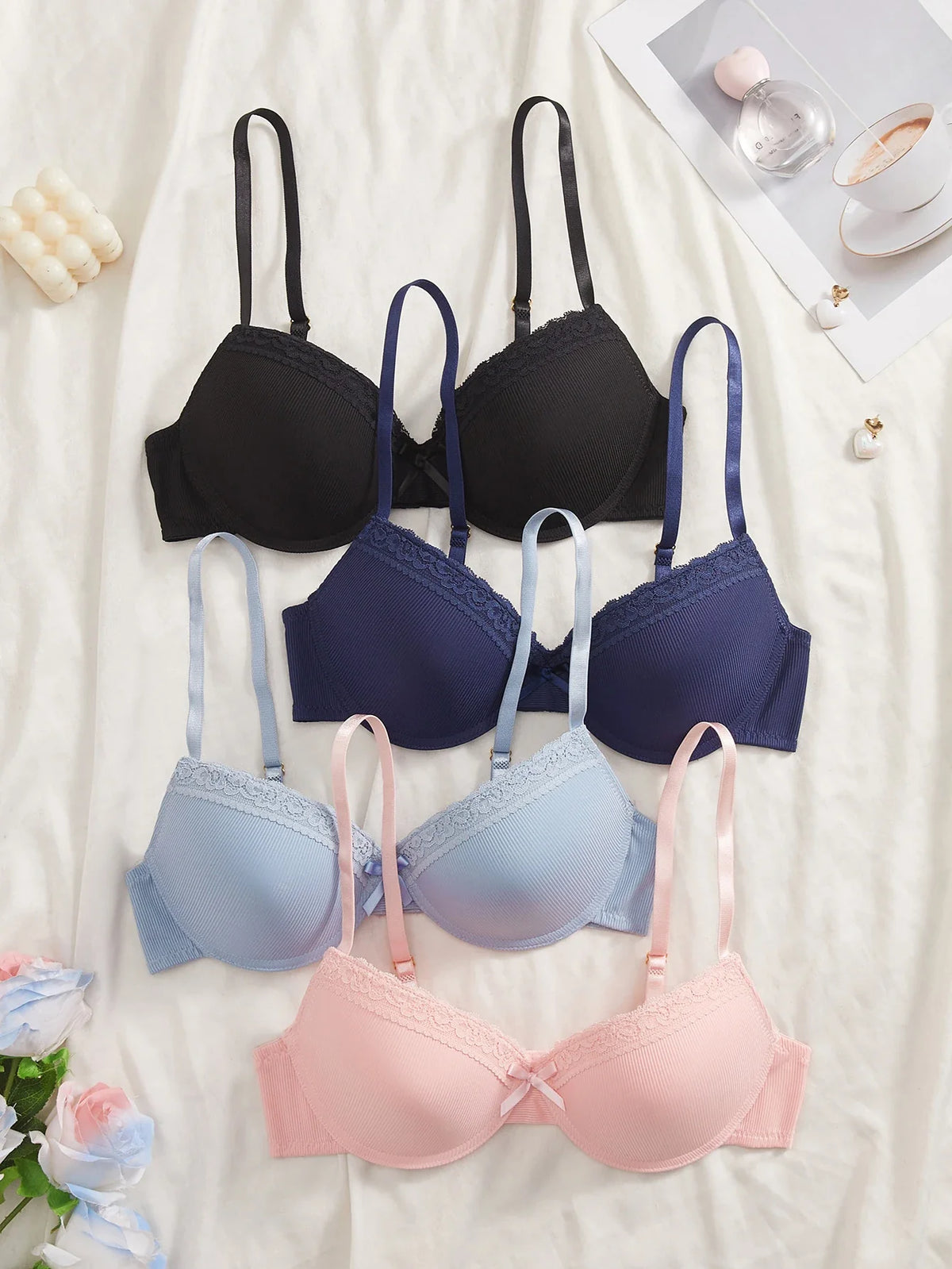 4PCS Daily Lace Trim Women's Underwear Set Bow Ribbed Push up Underwire Bra Comfortable Stylish Women's Bra