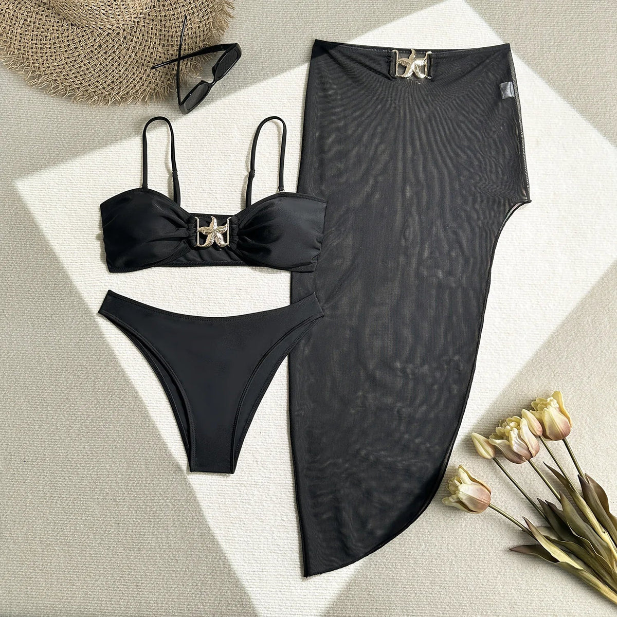 Sexy White Black Skirt 3 Piece Bikini Set 2025 Women Starfish Ornament Push Up High Waist Swimsuit Beach Bathing Suit Swimwear
