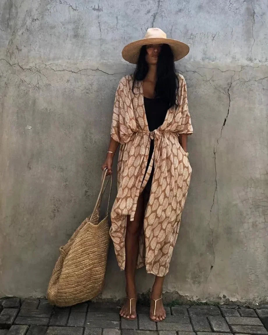 2024 New Summer Sexy Beach Kimono Swimwear Cotton Cover Up Swimsuit Women Print Bikini Cover Up Beachwear Dress Robe