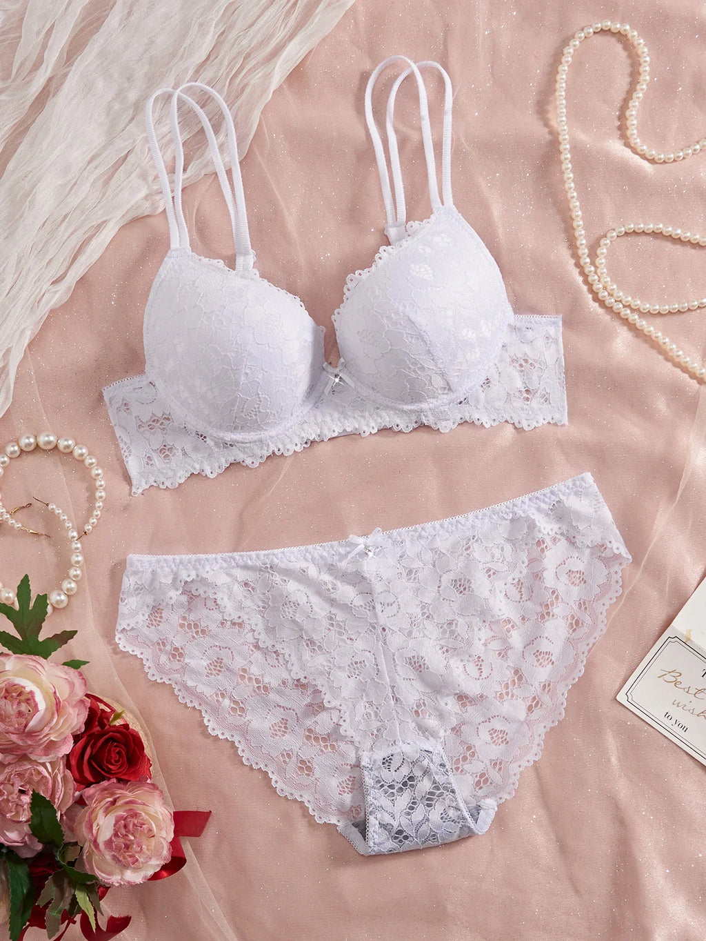 6-Piece Set Women's Bra and Panties Set Sexy Patterned Lace Patchwork No Lining Comfortable Fitting Women's Push-Up Bra Women's Underwear Set