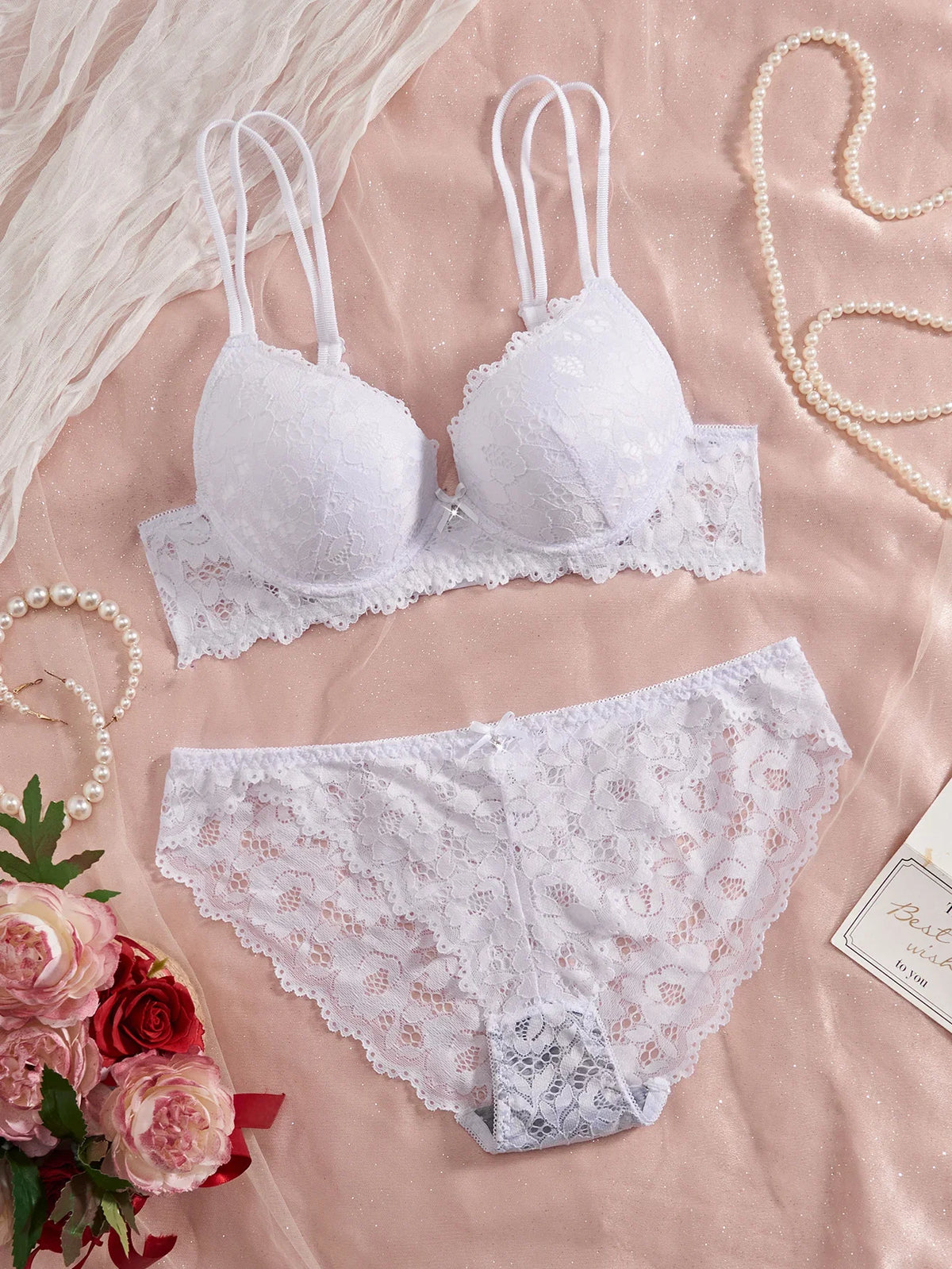 6-Piece Set Women's Bra and Panties Set Sexy Patterned Lace Patchwork No Lining Comfortable Fitting Women's Push-Up Bra Women's Underwear Set
