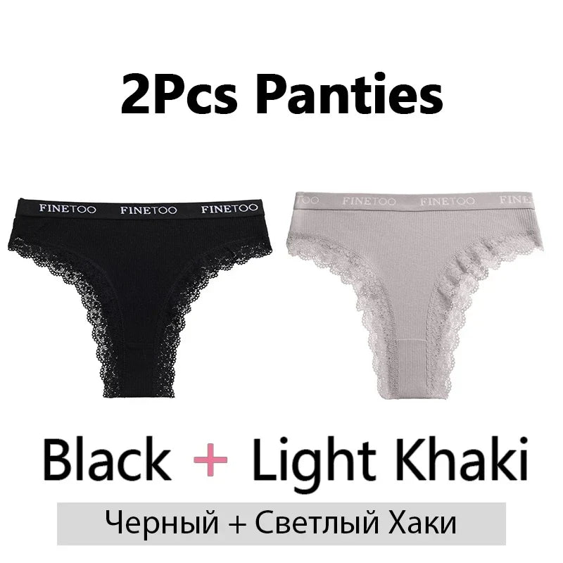 FINETOO 2Pcs/Set Women Cotton Brazilian Panties Plus Size M-2XL Lingerie Sexy Lace Underwear Low Rise Girls Intimates Underpants