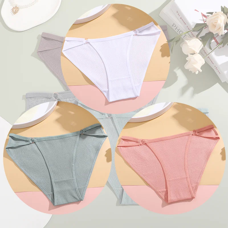 3Pcs Women Cotton Lingerie Sexy Soft Fashion Panties Femme Buckle Design Underwear Pantys Underpant Lingerie Lace Intimates S-XL