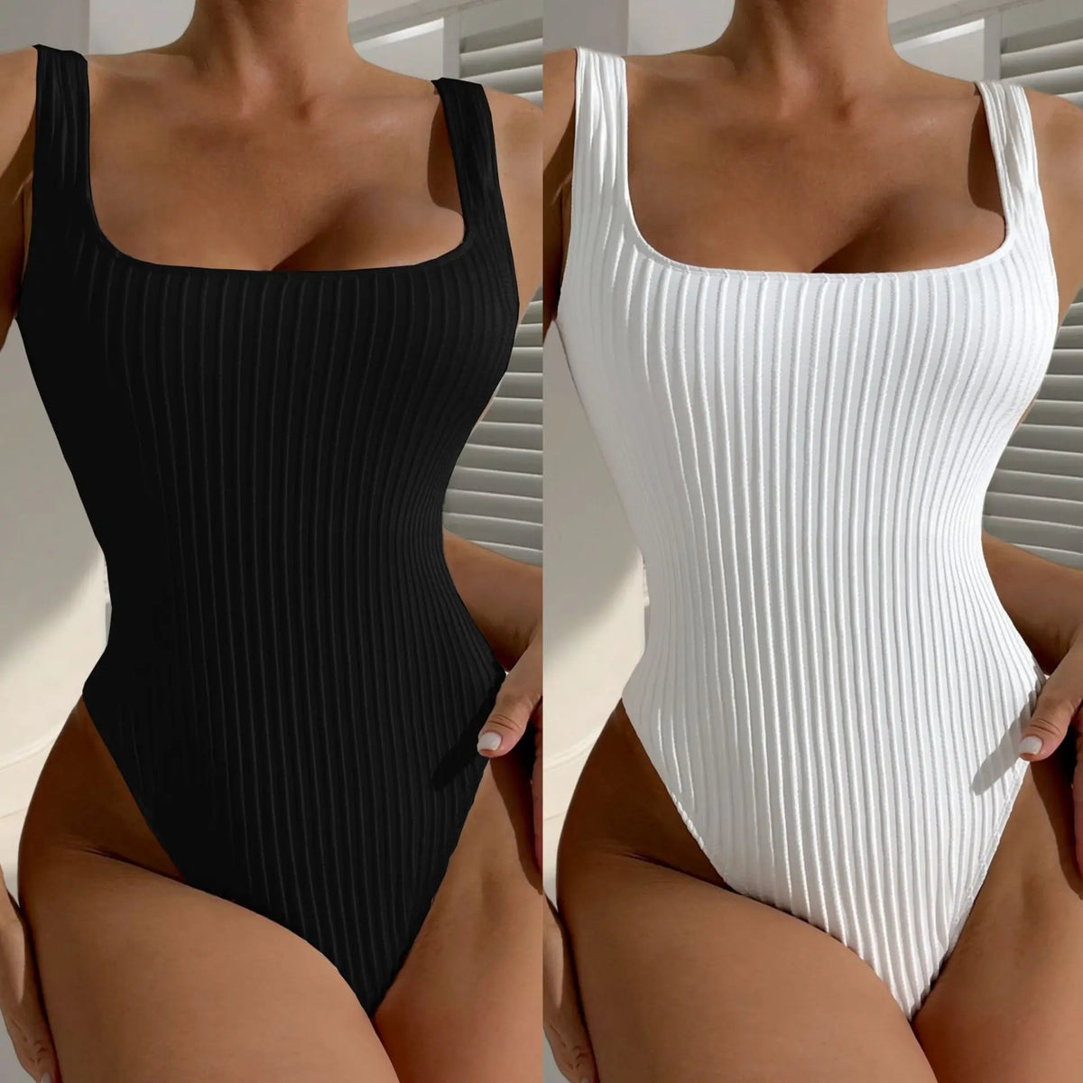 White Black One Piece Swimsuit for Women Summer Beach Vacation Ribbed Monokini Slim Backless Bathing Suit Tummy Control Swimwear