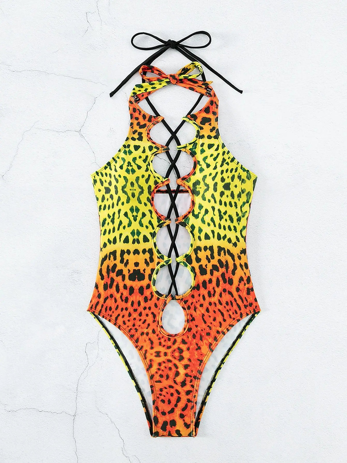Sexy Hollow Out One Piece Swimsuit 2025 Women Blue Leopard Print Gradient Bandage Backless Bikini Bathing Suit Thong Swimwear