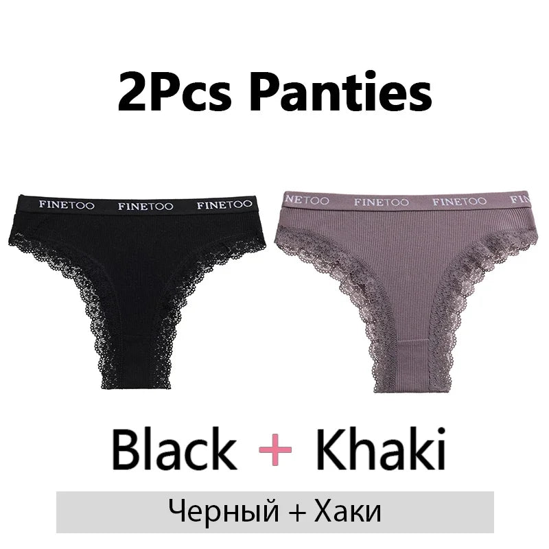 FINETOO 2Pcs/Set Women Cotton Brazilian Panties Plus Size M-2XL Lingerie Sexy Lace Underwear Low Rise Girls Intimates Underpants