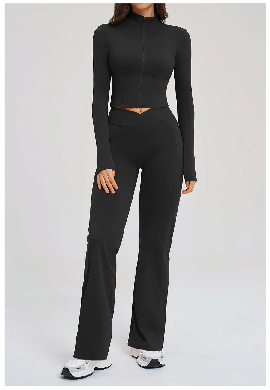 2PCS Yoga Set Gym Clothes Sportswear Seamless Women Fitness Long Sleeved Tracksuits Sports Workout Gym Flared Leggings Athletic