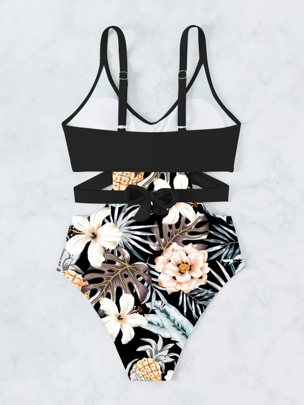 One Piece Swimsuit Women Vintage Green Floral Print Hollow Out Backless High Waist Bikini 2025 Bathing Suit Bandage Swimwear