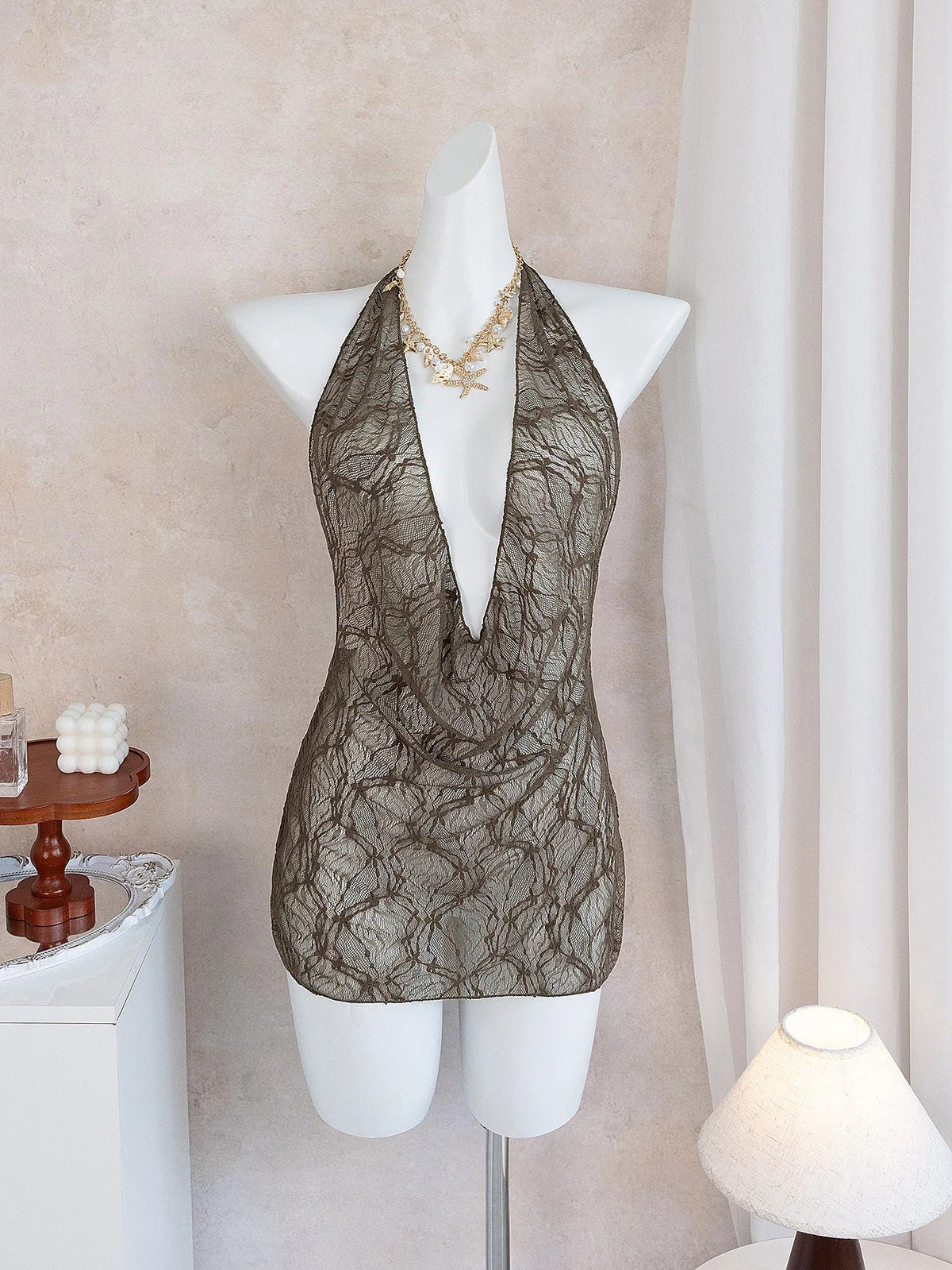 Women's Casual  Beach Cover Ups Brown Deep V Neck Pleate Lace Short Dress Spring & Fall Vacation Sun Protection Smock