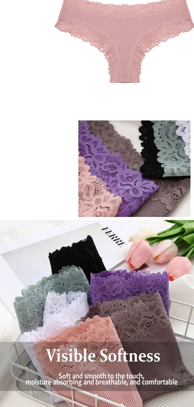 3Pcs Sexy Women Cotton Brazilian Pants Lace Brazilian Briefs Low Waist Floral Solid Color G-string Breathable Soft Lingerie