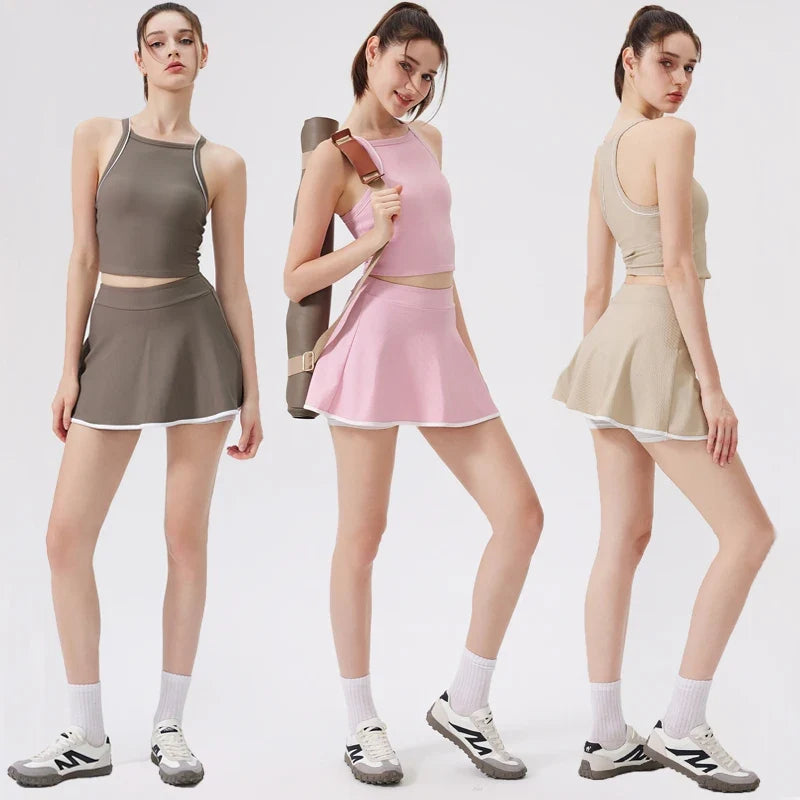 2PCS Women Tracksuit Yoga Set Gym Bra Sports Short Skirt Workout Sportswear Running Tennis Clothing Gym Wear Athletic Sport Suit