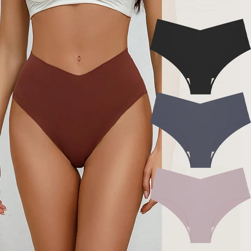 3PCS Women's Seamless Maillard Underwear Sexy V-Shaped Mid Waist Ice Silk Briefs 10 Soild Color Cozy Stretch Sexy Underpant S-XL