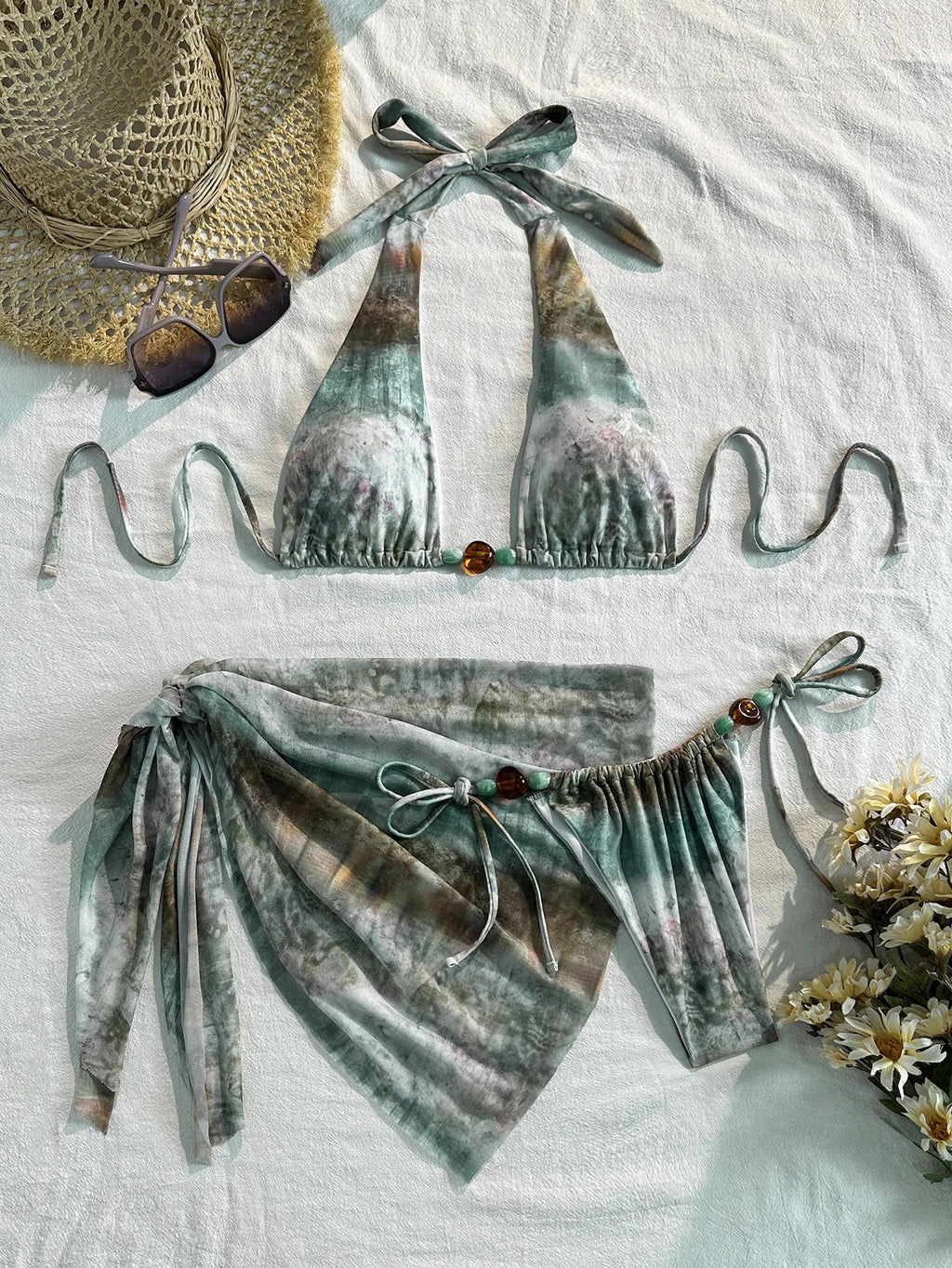 Green Tie Dye Ghradient Bikini Set 2026 Women Pearls Strap Push Up Bra Thong Swimsuit Beach Bathing Suit Skirt 3 Piece Swimwear