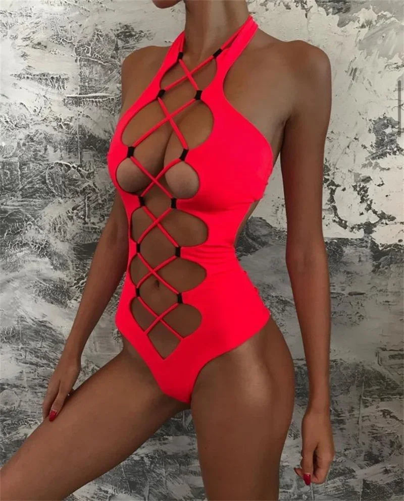 Hollow Out Swimwear Women 2025 High Neck Solid Black Cut Out Backless Monokini Bandage Bathing Suit Holiday One Piece Swimsuit
