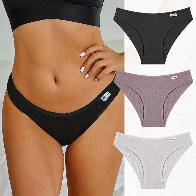 3PCS Cotton Women's Panties Sexy Comfortable Underwear Female Low Waist Stripe Briefs Solid Color Breathable Soft Lingerie M-XL