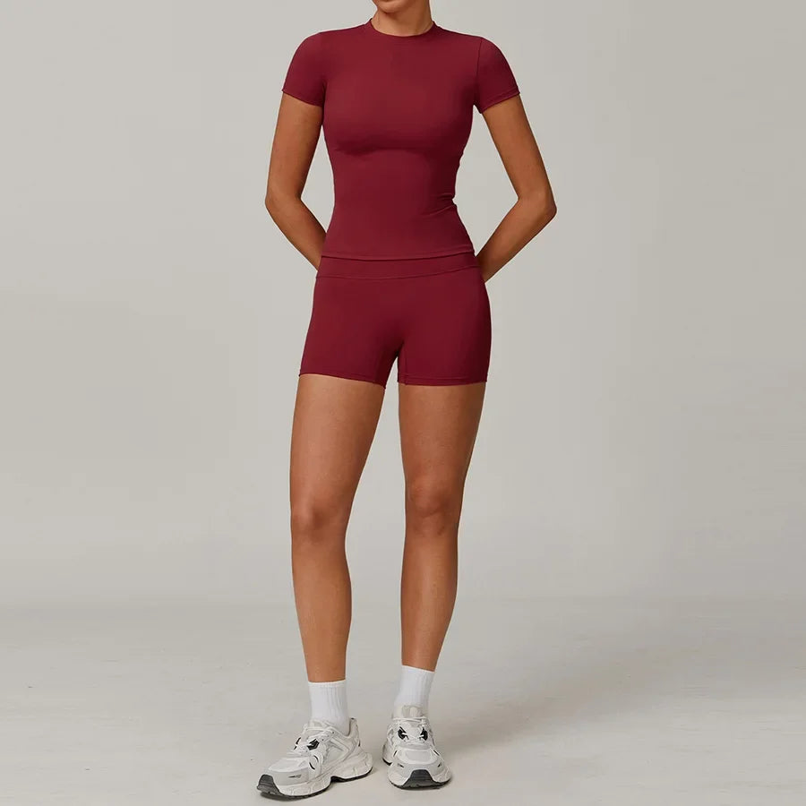 New Yoga Set Two Piece Women Short Sleeve Top with High Waist Leggings Seamless Workout Clothes Patchwork Sport Fitness Gym Sets