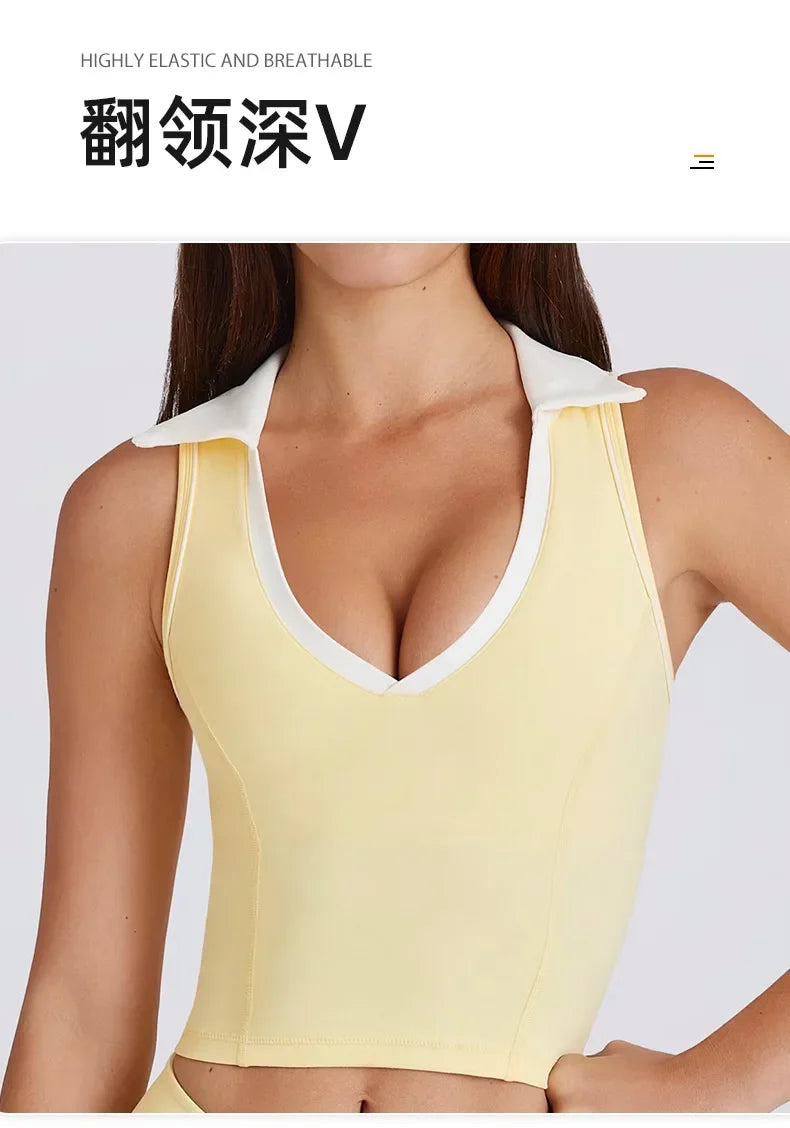 Colorblock V-Neck Tank Top with Built-In Bra Quick-Dry Breathable Sports Bra for Women Running Pilates Gym Yoga Workout