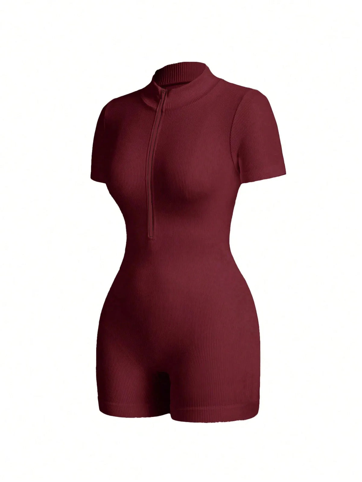 Women's Solid Color Half Zip Ribbed Knit Short Sleeve Romper Sports Soft Slim Fit Mock Neck Jumpsuit Streetwear 2025 Summer