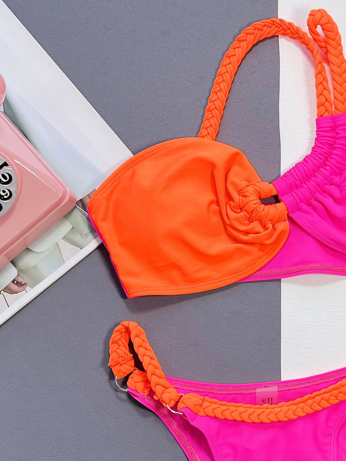 Sexy Orange Hot Pink Contrast Bikini Set 2024 Women Rope One Shoulder Hollow Out Push Up Swimsuit Bathing Suit Thong Swimwear
