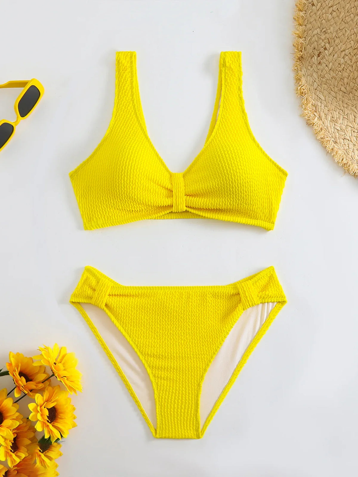 2026 New Sexy Bikini Two-Piece Swimsuit Pure Color High Elasticity Monochromatic Swimwear Comfortable Fit Women's Beachwear