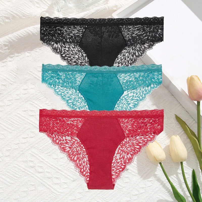 3Pcs/Set Seamless Lace Women Panties Transprant Hollow Out Low Waist Briefs Female Solid Soft Breathable Lingerie Underwear