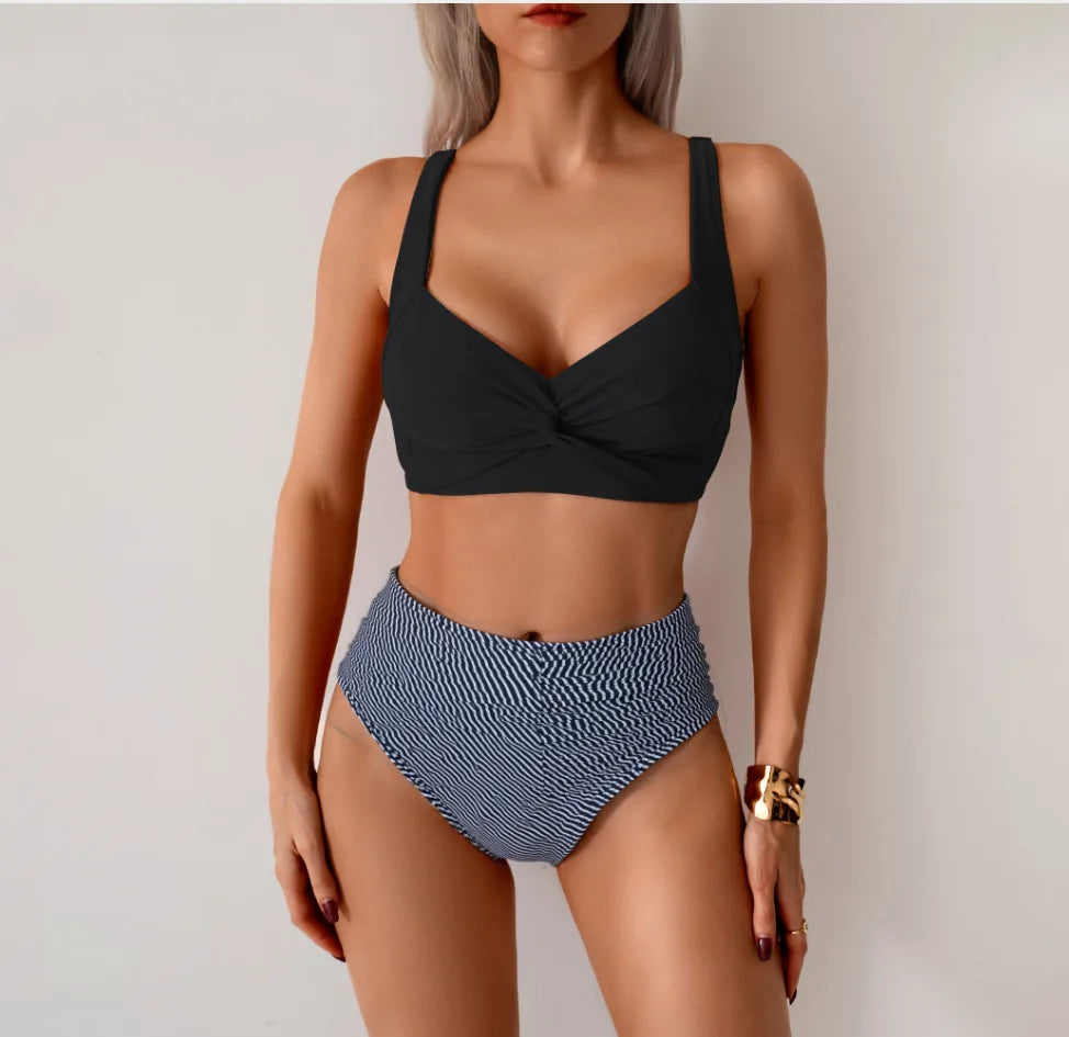 2026 Sexy Black Two Piece Swimsuit Women Solid Push Up Padded Bikini Set Beachwear Summer Swimwear High Cut Bathing Suit Biquini