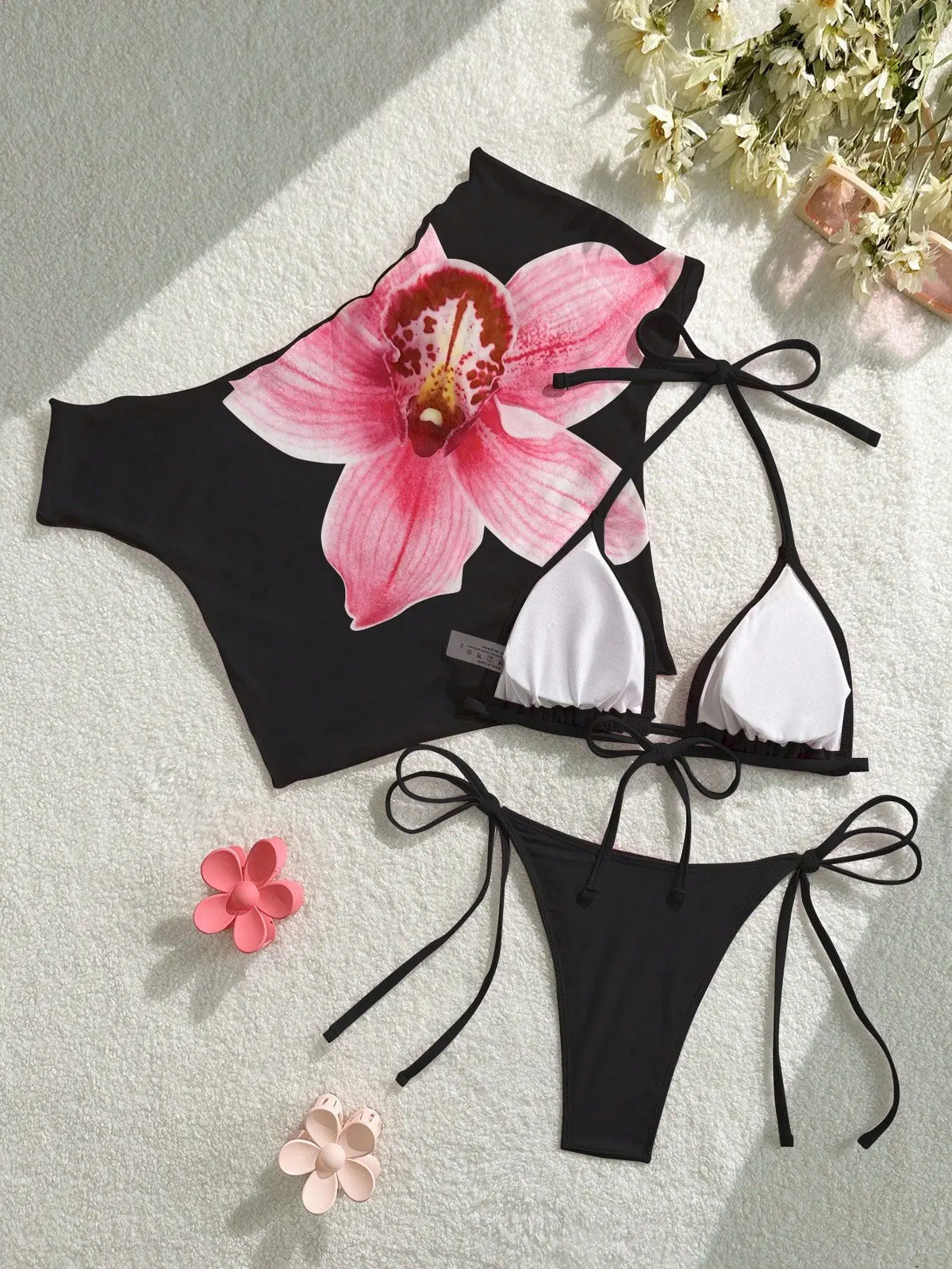 Sexy Pink Floral Print Short Sleeve Cover Up 3 Piece Bikini Set 2026 Women Push Up Thong Swimsuit Holiday Bathing Suit Swimwear