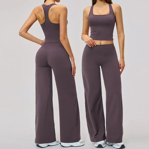 2 Piece Yoga Clothes Women Tracksuit Athletic Wear Pilates Fitness Suit Gym Workout Sets Push Up Sports Vest Wide Leg Pant Suit