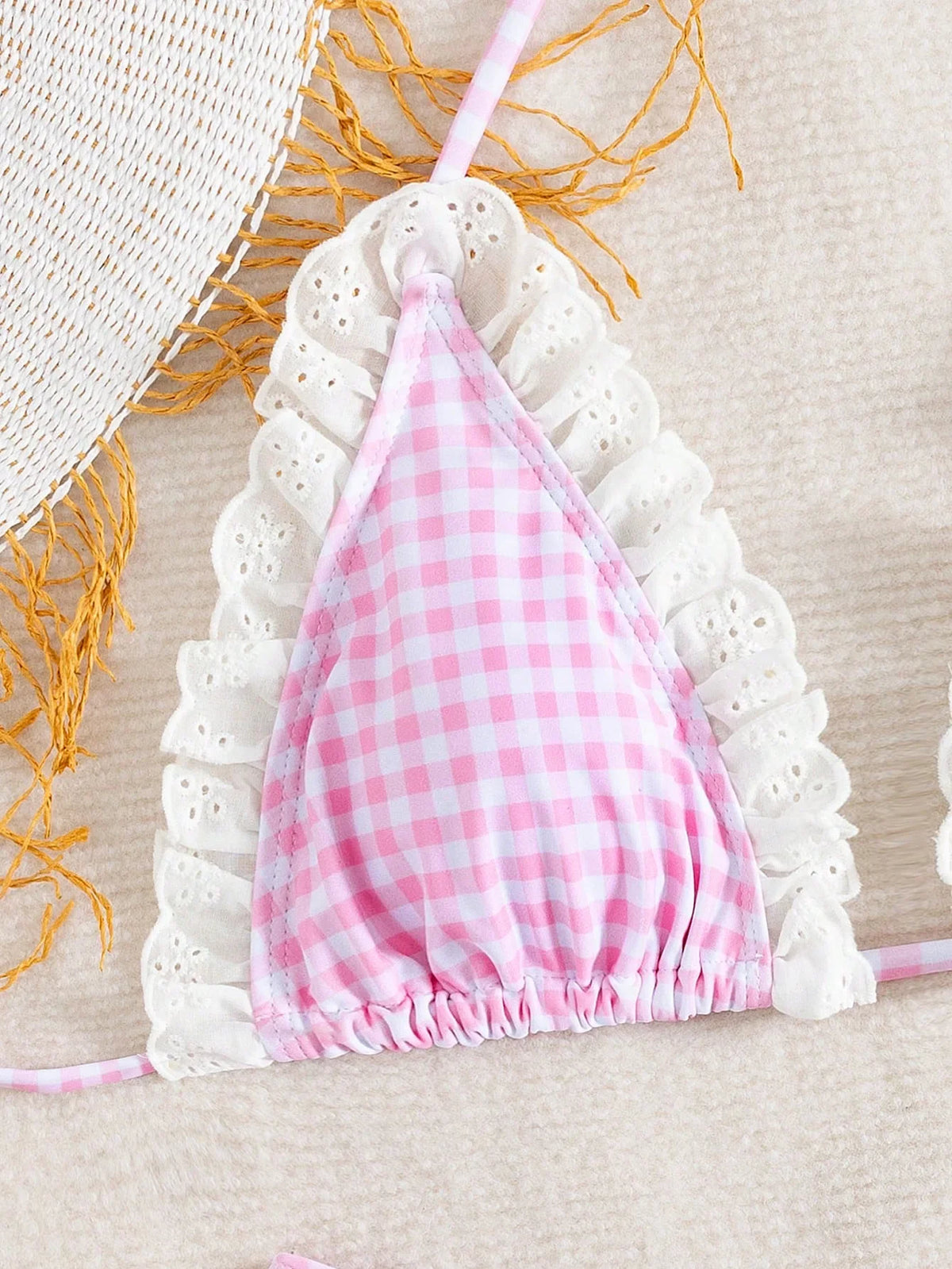 Cute Pink Plaid Print Micro Bikini 2026 Women Ruffles Lace Patchwork Push Up High Waist Swimsuit Bathing Suit Holiday Swimwear
